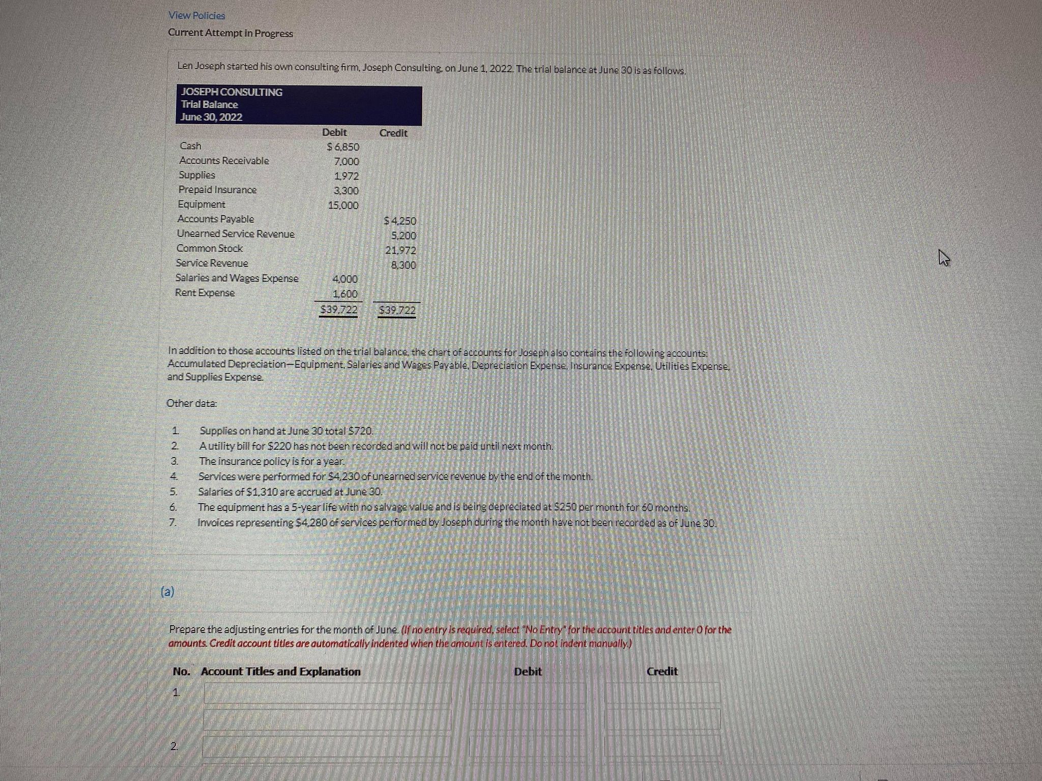 Question with multiple parts View Policies Current Attempt in Progress Len Joseph