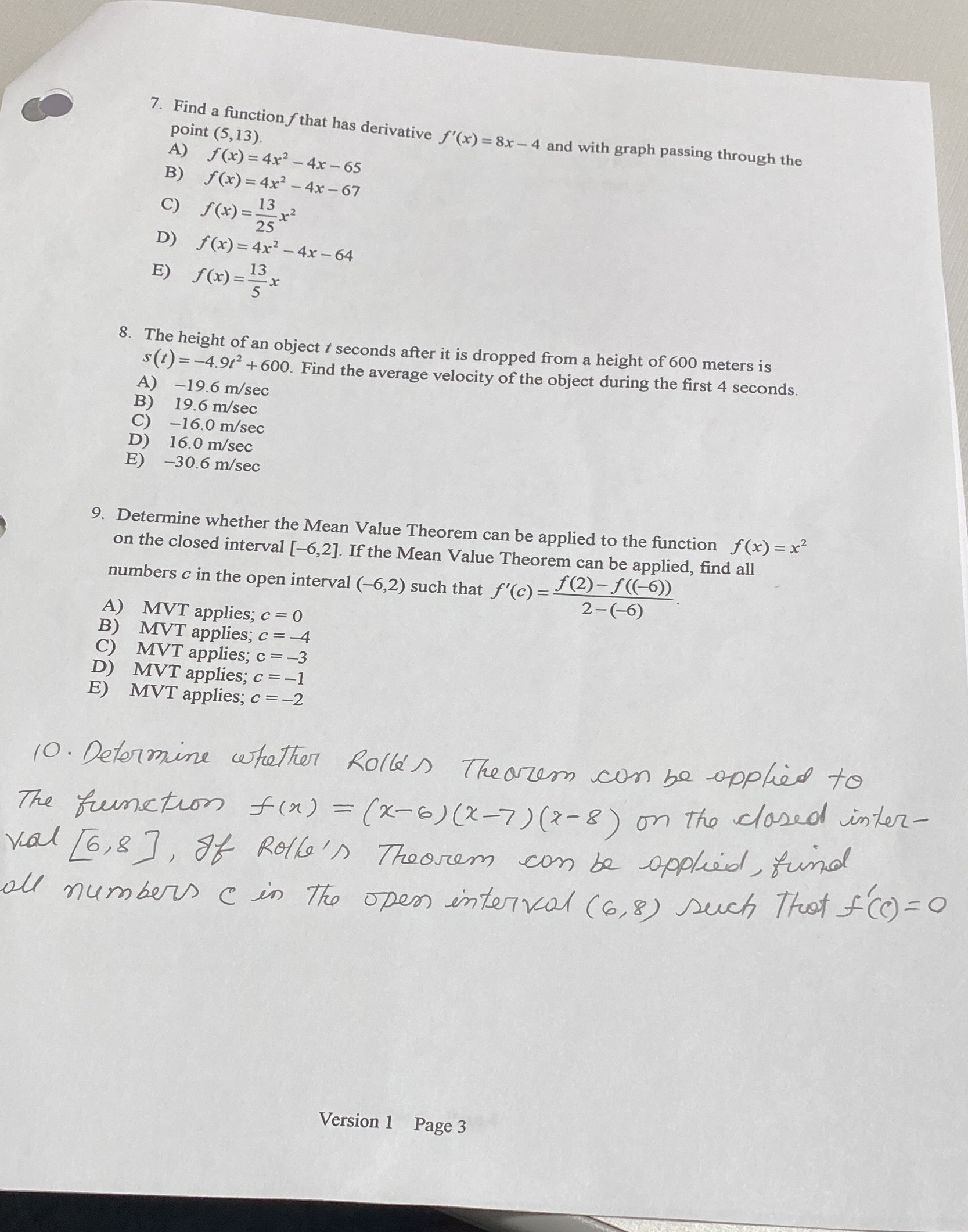  point (5, 13). 7. Find a function f that has derivative