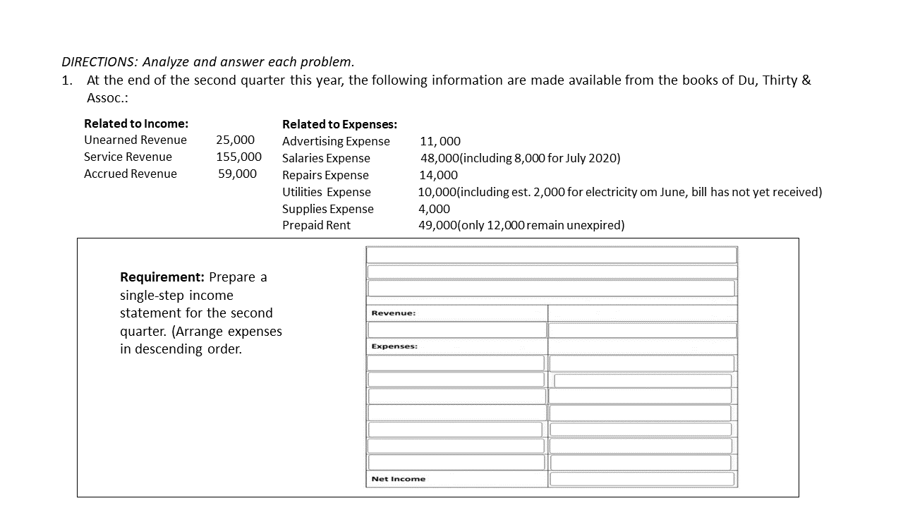  DIRECTJONS: Analyze and answer each problem. 1. At the end of