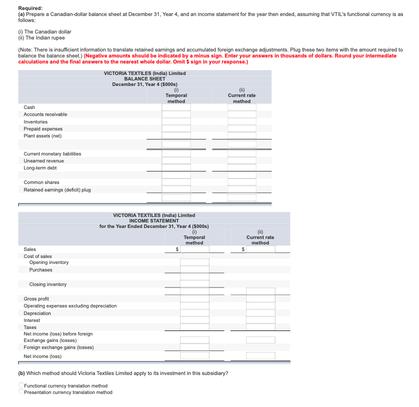 Problem 1 - Victoria Textiles Limited Required: (a) Prepare a Canadian-dollar balance