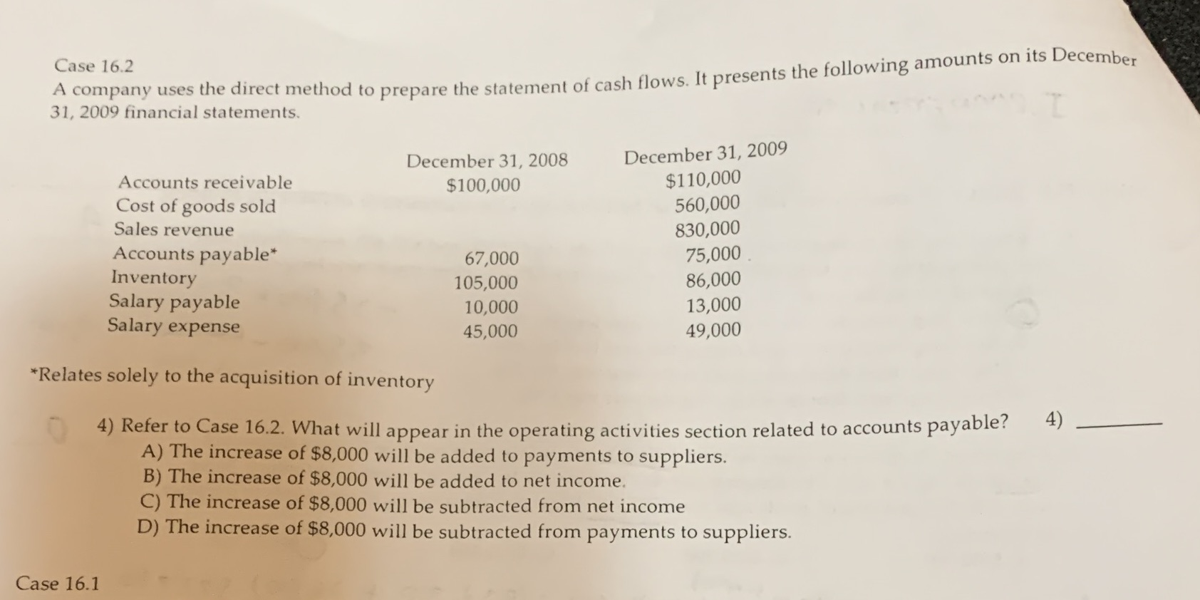 Case 16.2 A company uses the direct method to prepare the