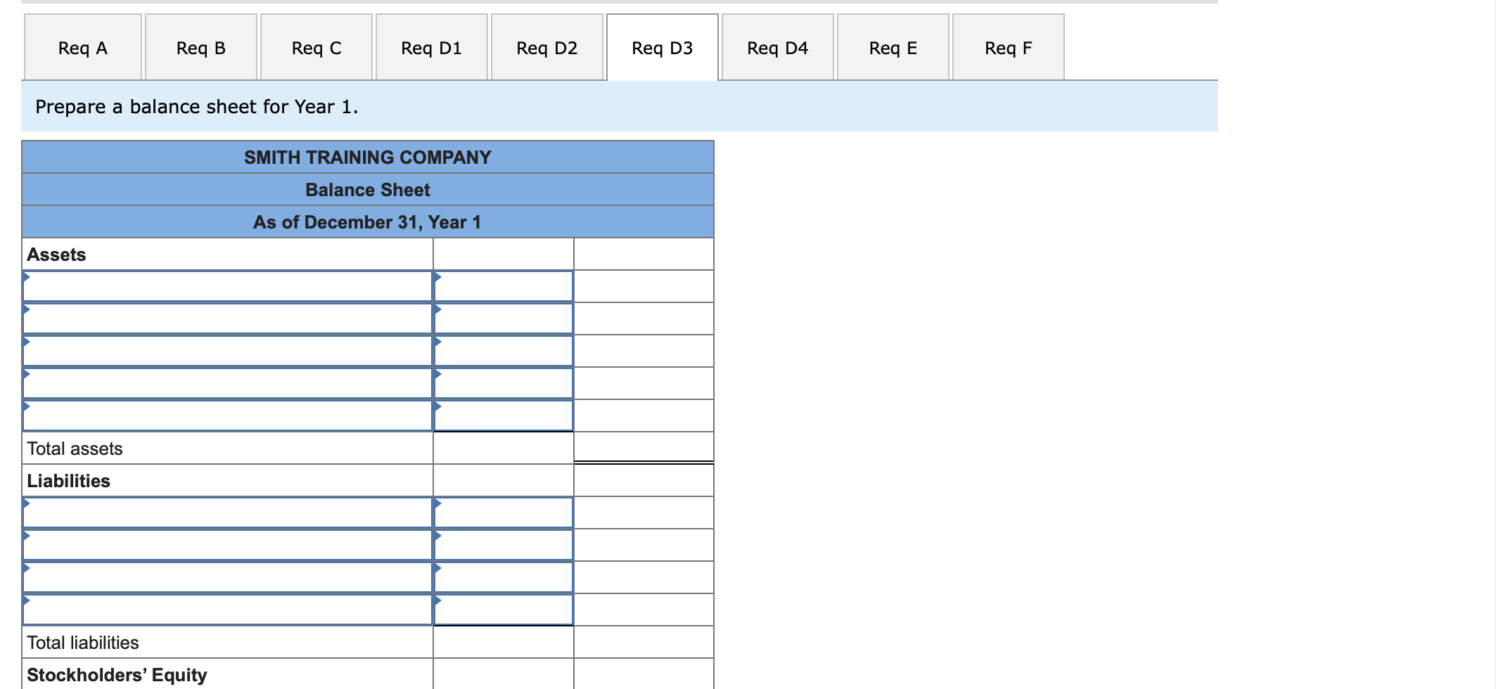 in stockholders' equity for Year 1. d-3. Prepare a balance sheet for