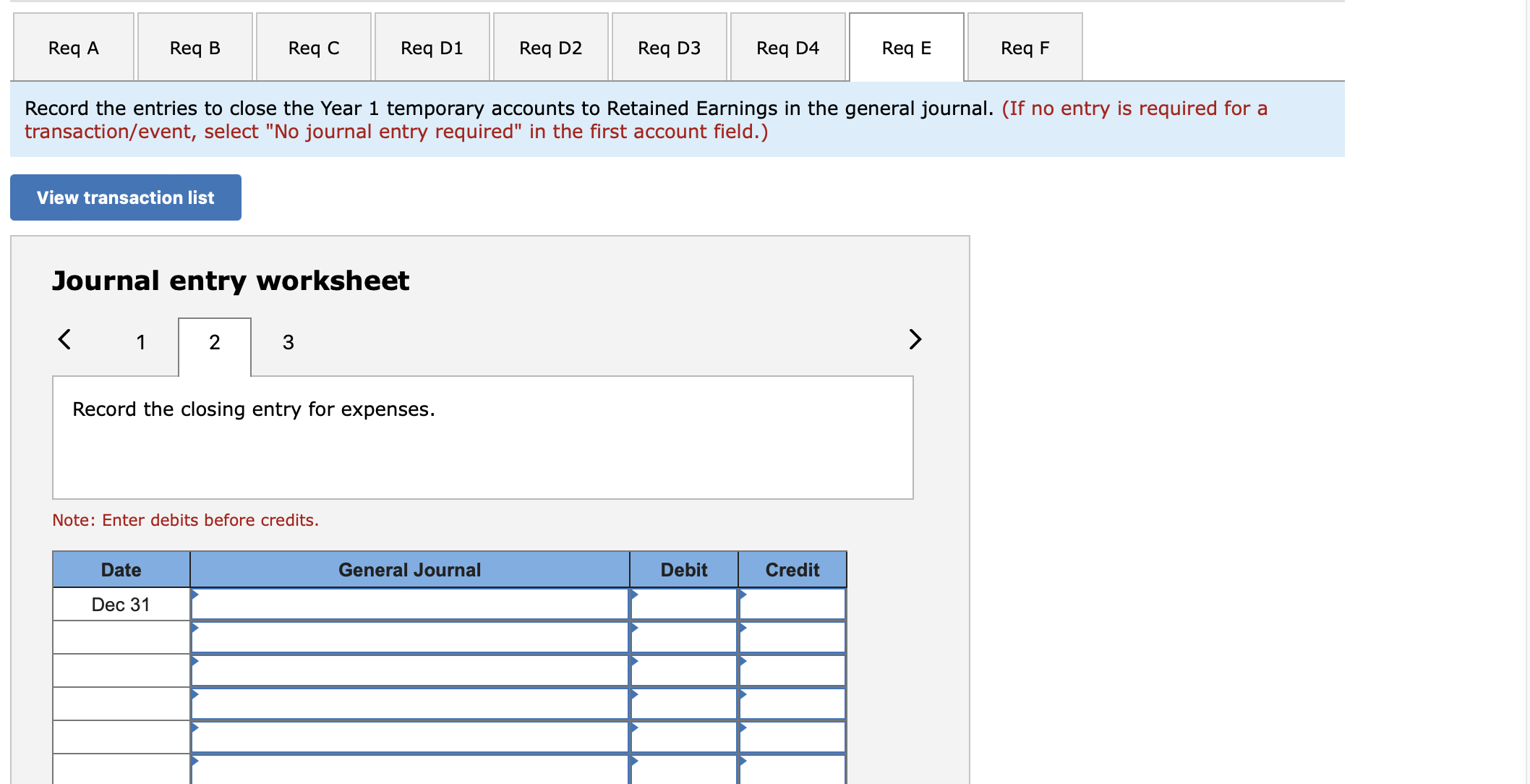 Prepare a post-closing trial balance for December 31, Year 1.Req A Req
