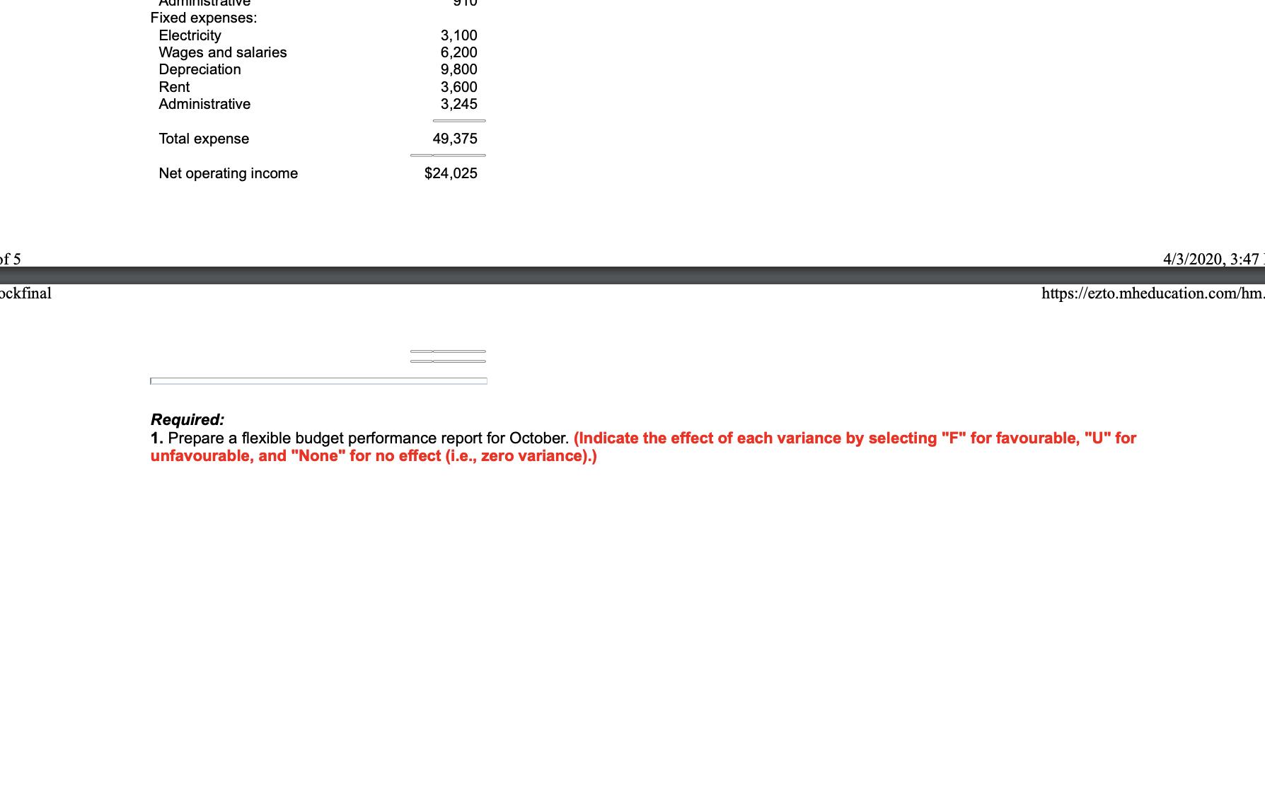 of each variance by selecting "F" for favourable, "U" for unfavourable, and