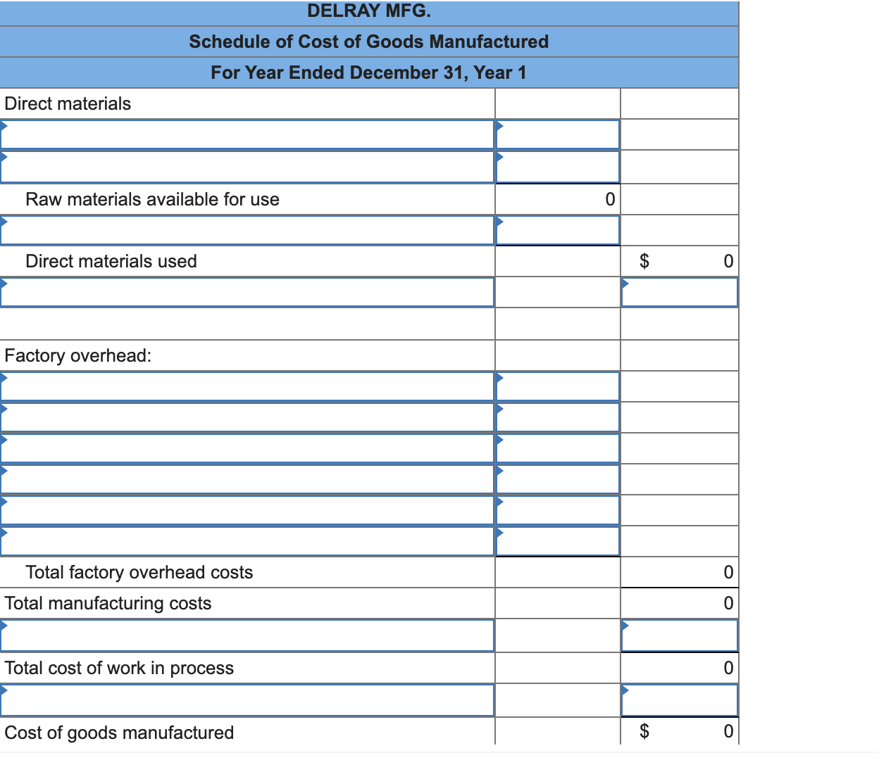 Required information The following selected account balances are provided for Delray Mfg.