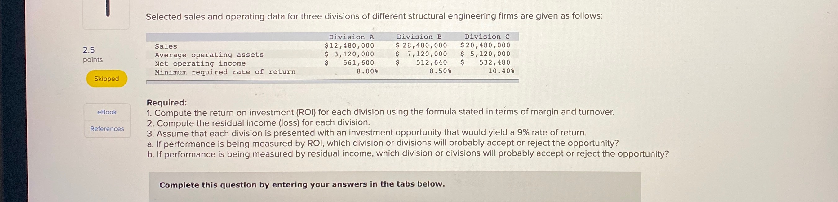 Compute the return on investment (ROI) for each division using the formula