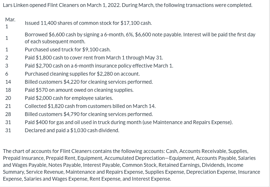 Lars Linken opened Flint Cleaners on March 1, 2022. During March,