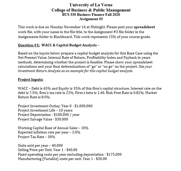 Please help me solve this, with an excel file University of La