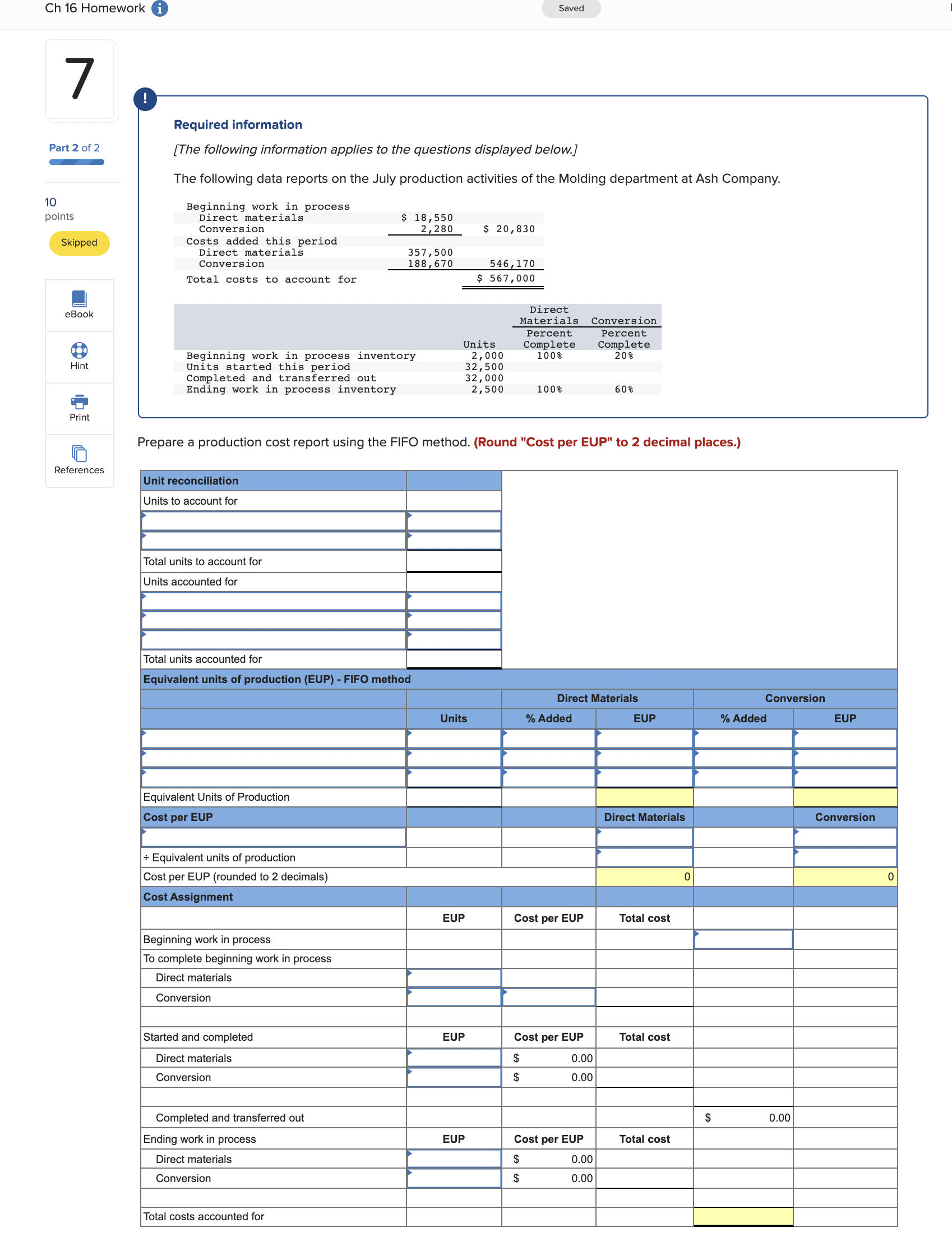  Ch 16 Homework i Saved 7 Required information Part 2 of