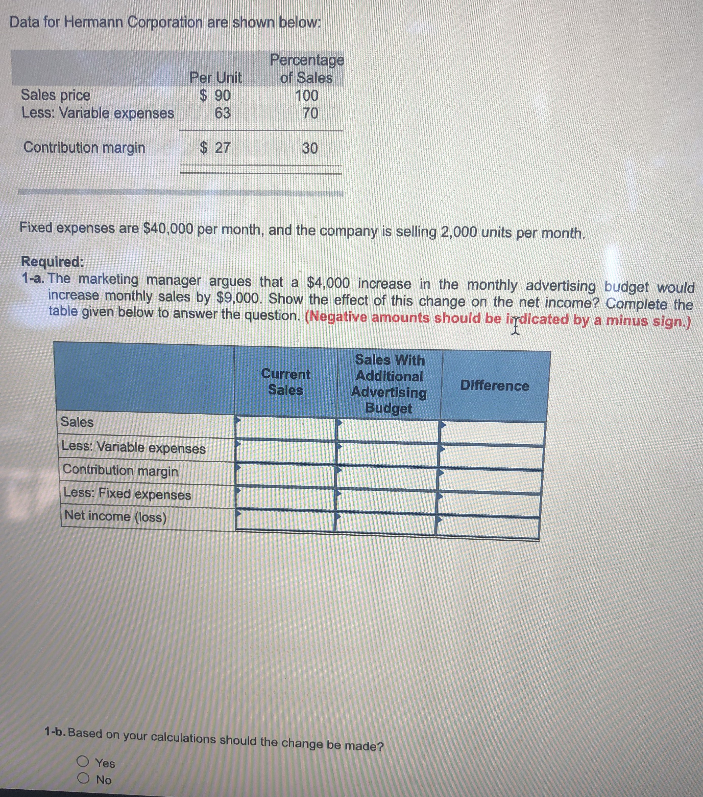  Data for Hermann Corporation are shown below: Percentage Per Unit of