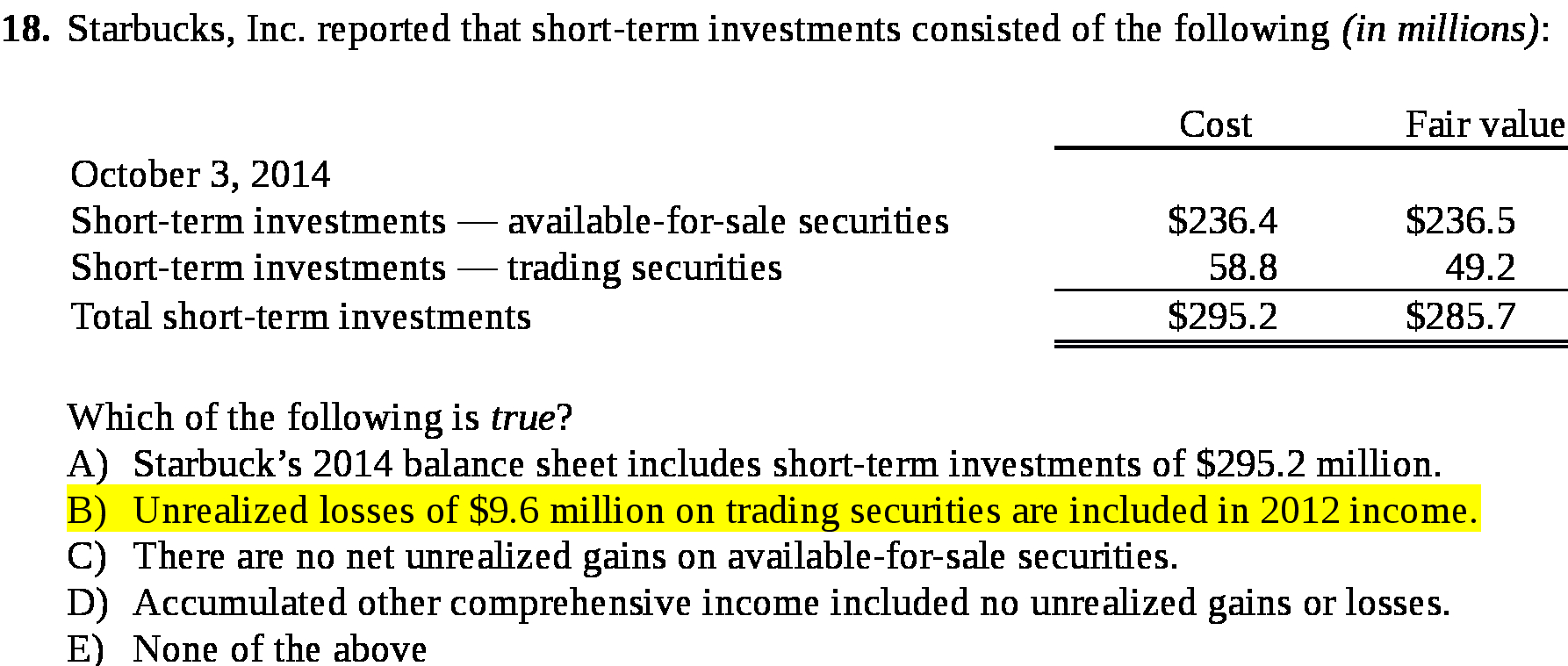  18 . Starbucks , Inc . reported that short - term
