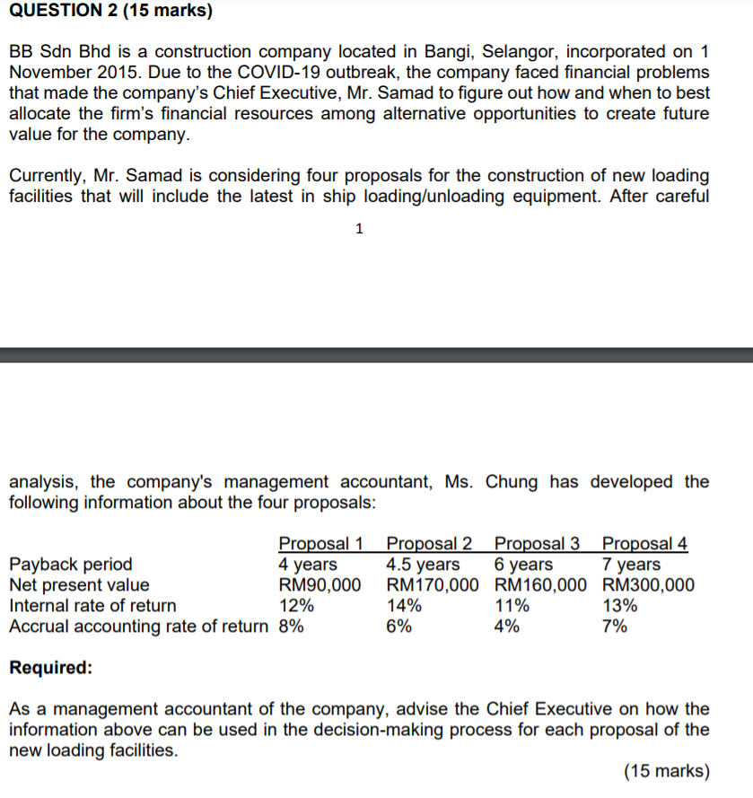  QUESTION 2 (15 marks) BB Sdn Bhd is a construction company