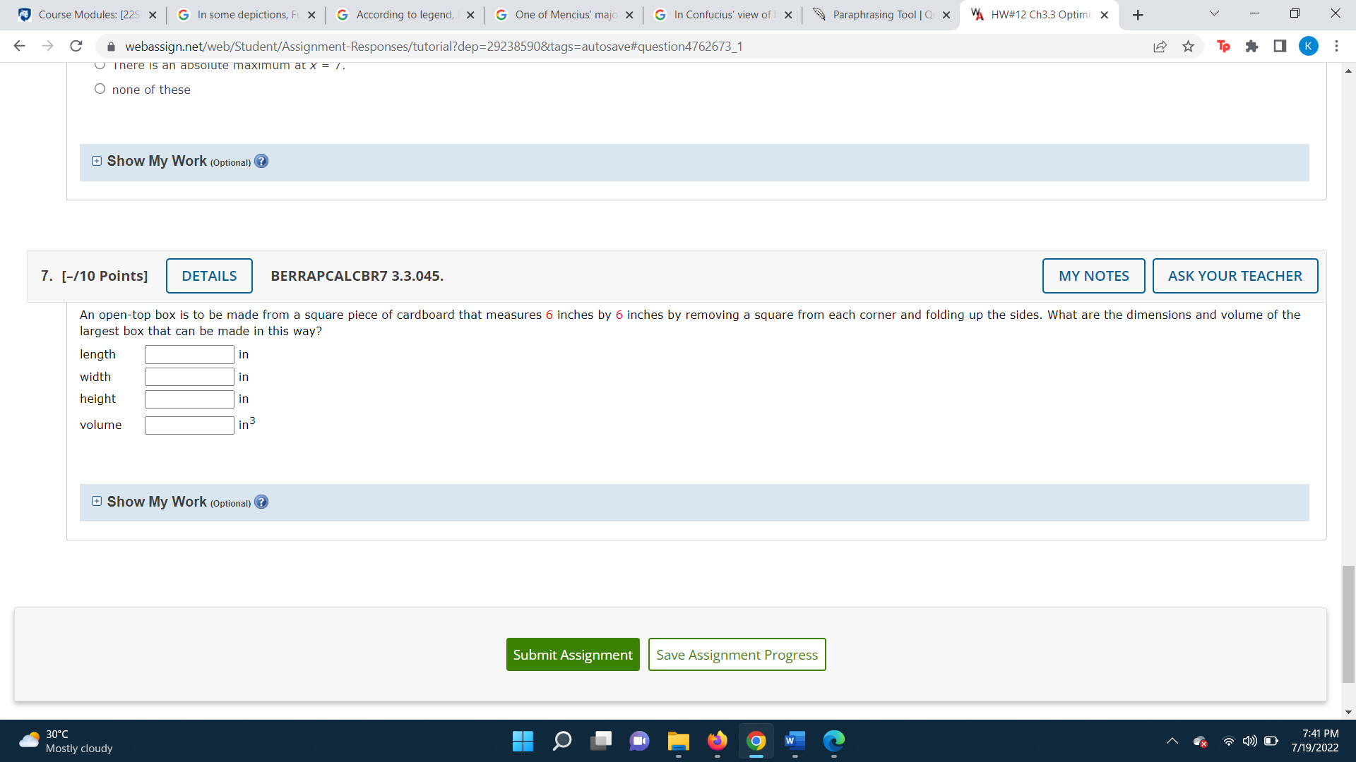 1. [-/25 Points] DETAILS BERRAPCALCBR7 3.3.007.MI.SA. MY NOTES ASK YOUR TEACHER This