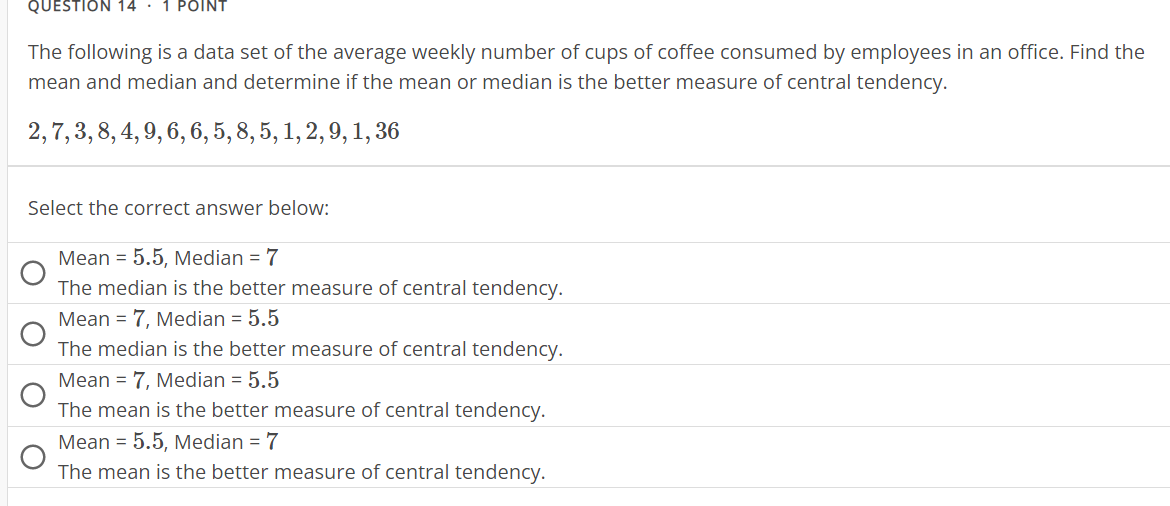 QUESTION 14 - 1 POINT The following is a data set