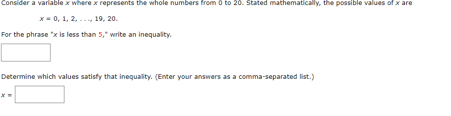  Consider a variable X where X represents the whole numbers from