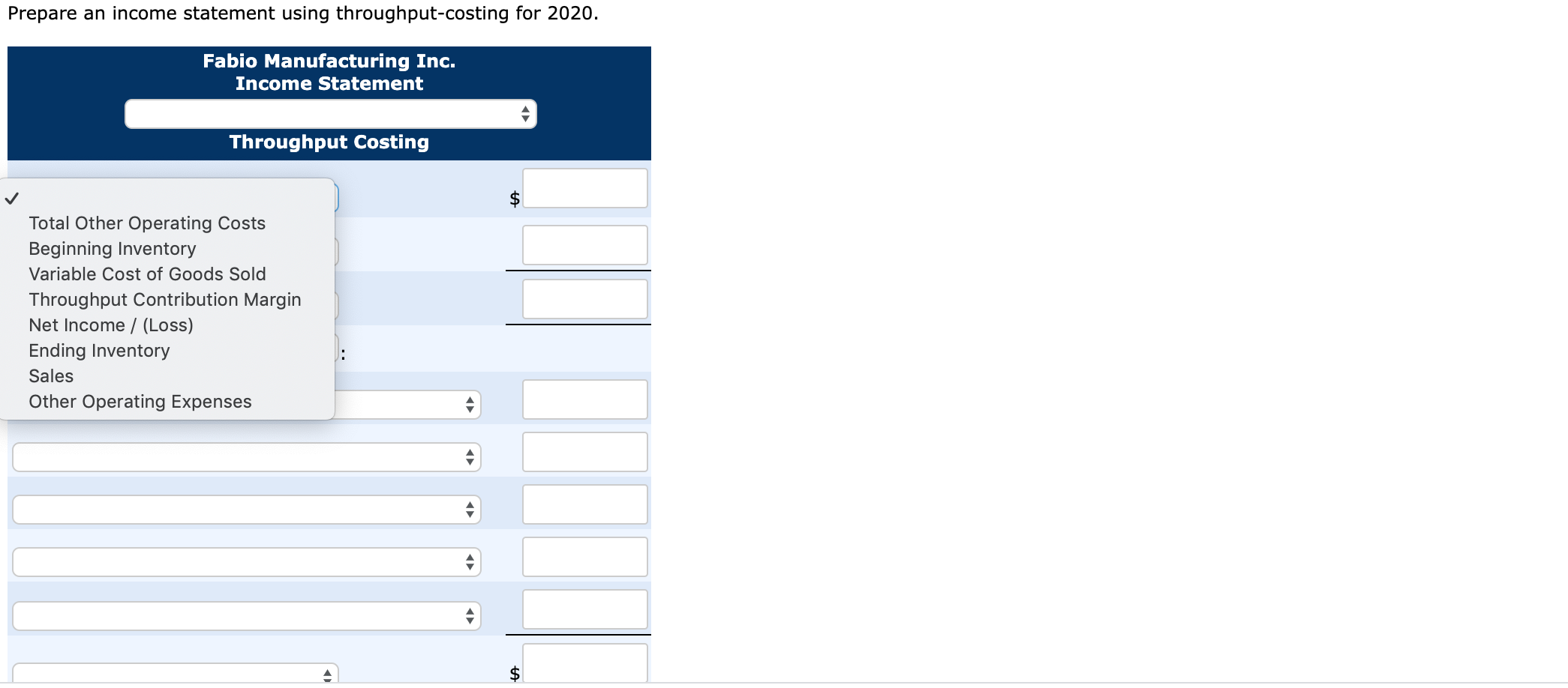 is selected data for the year ended December 31, 2020 for Fabio