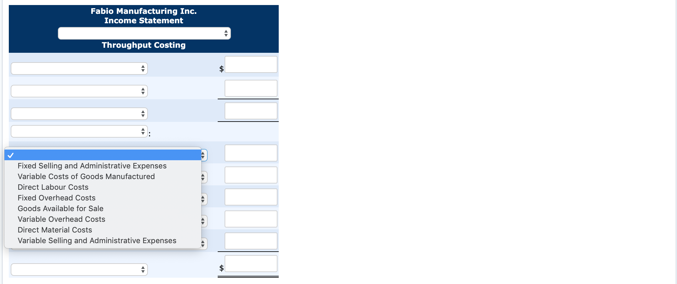 Manufacturing Inc. Selling price: $30.00 per unit Units produced 305,000; sold 270,000;