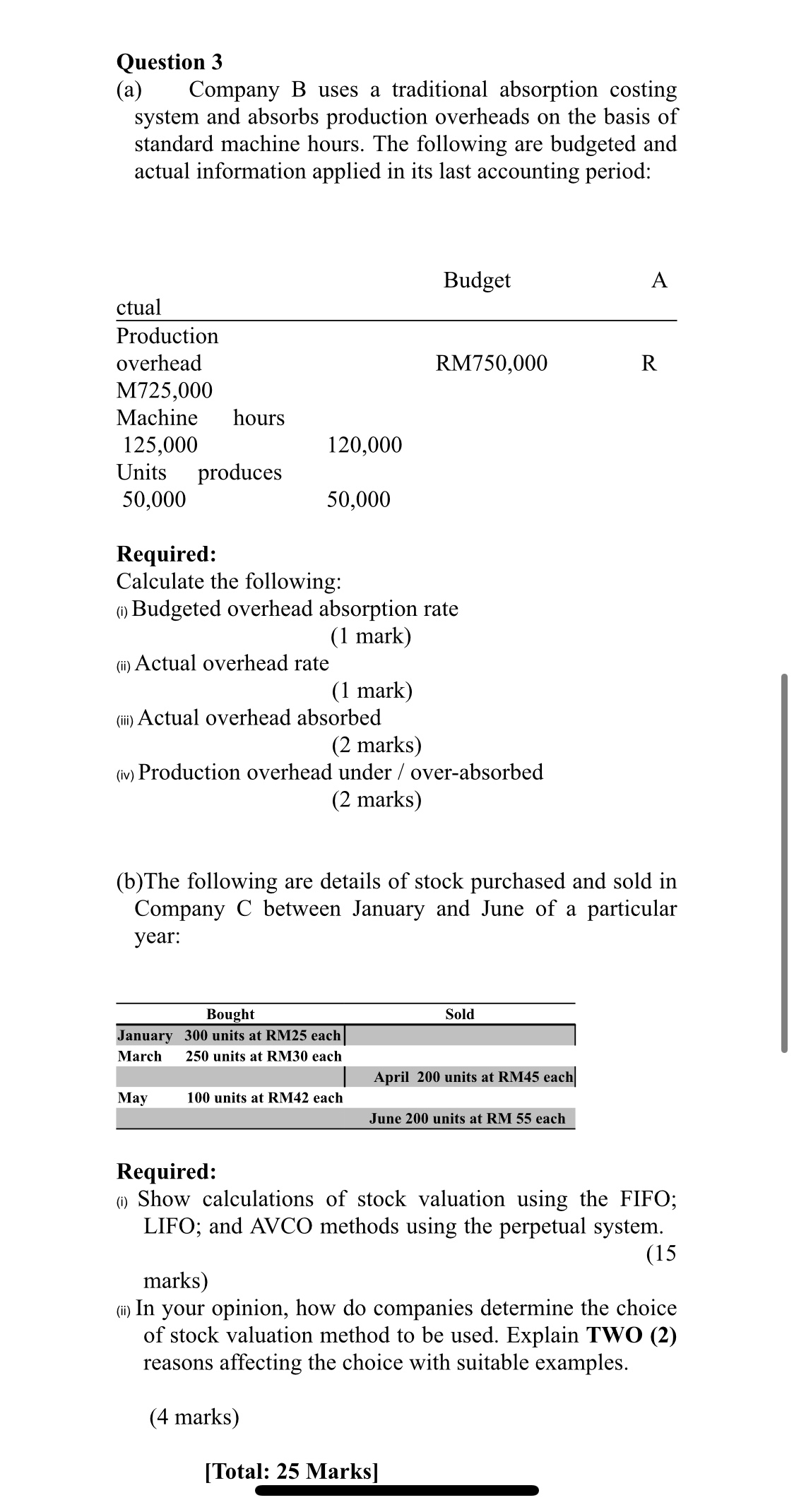 a job costing system: (i) Purchase of materials from a supplier on