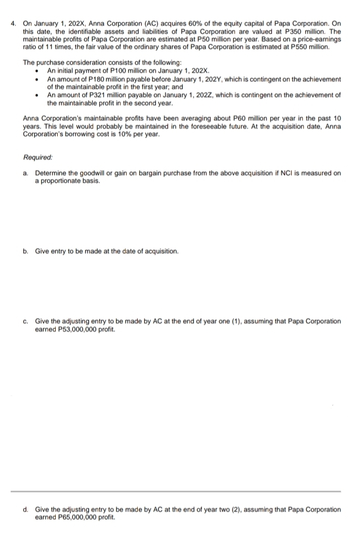 Business CombinationAnswer letter a,b,c and d with solution 4. On January 1,