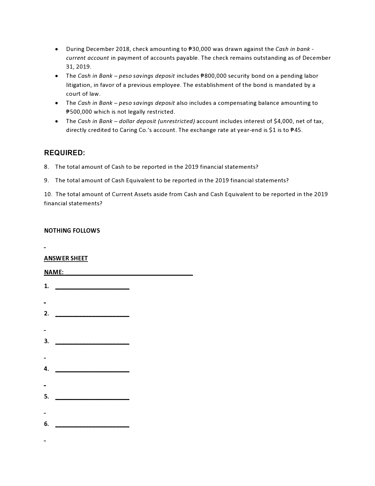 checking of Cash for December 31, 2019 balance sheet. a. Bills and