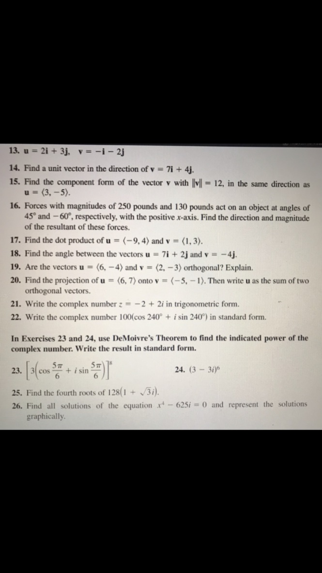  13. u = 2i + 3j, v = -i - 2j