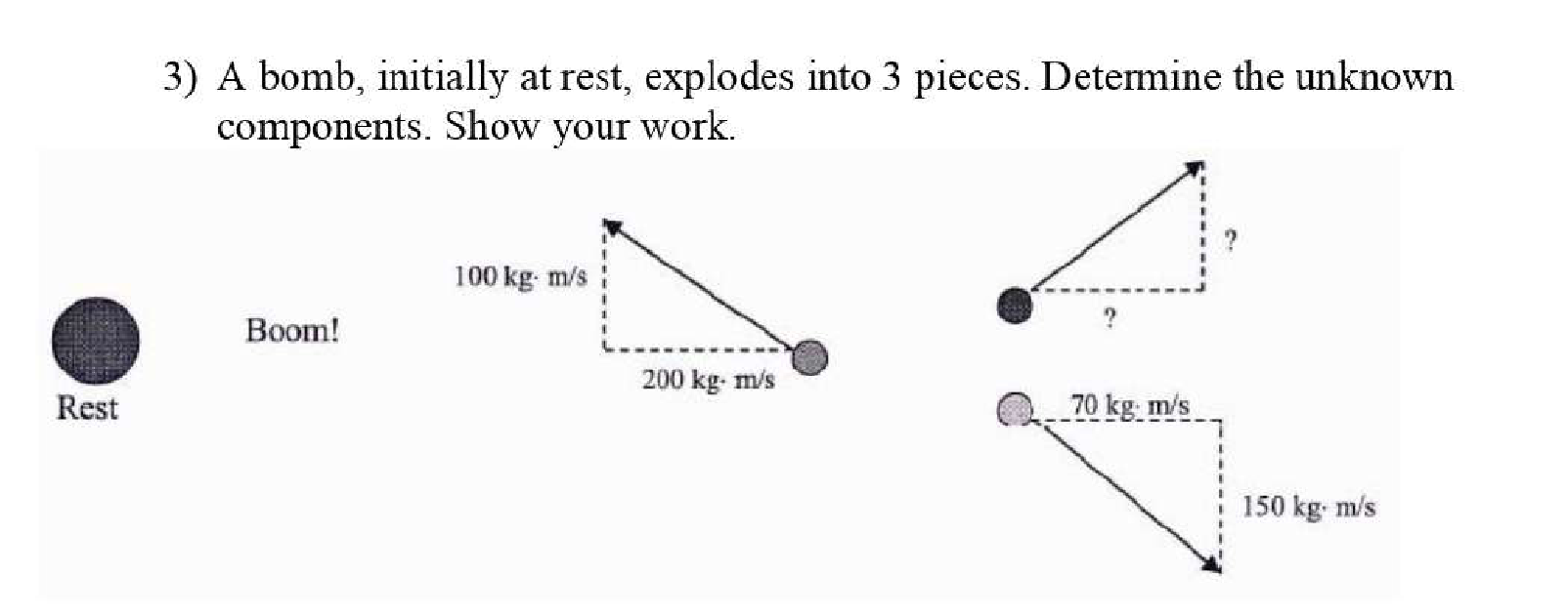 3) A bomb, initially at rest, explodes into 3 pieces. Determine