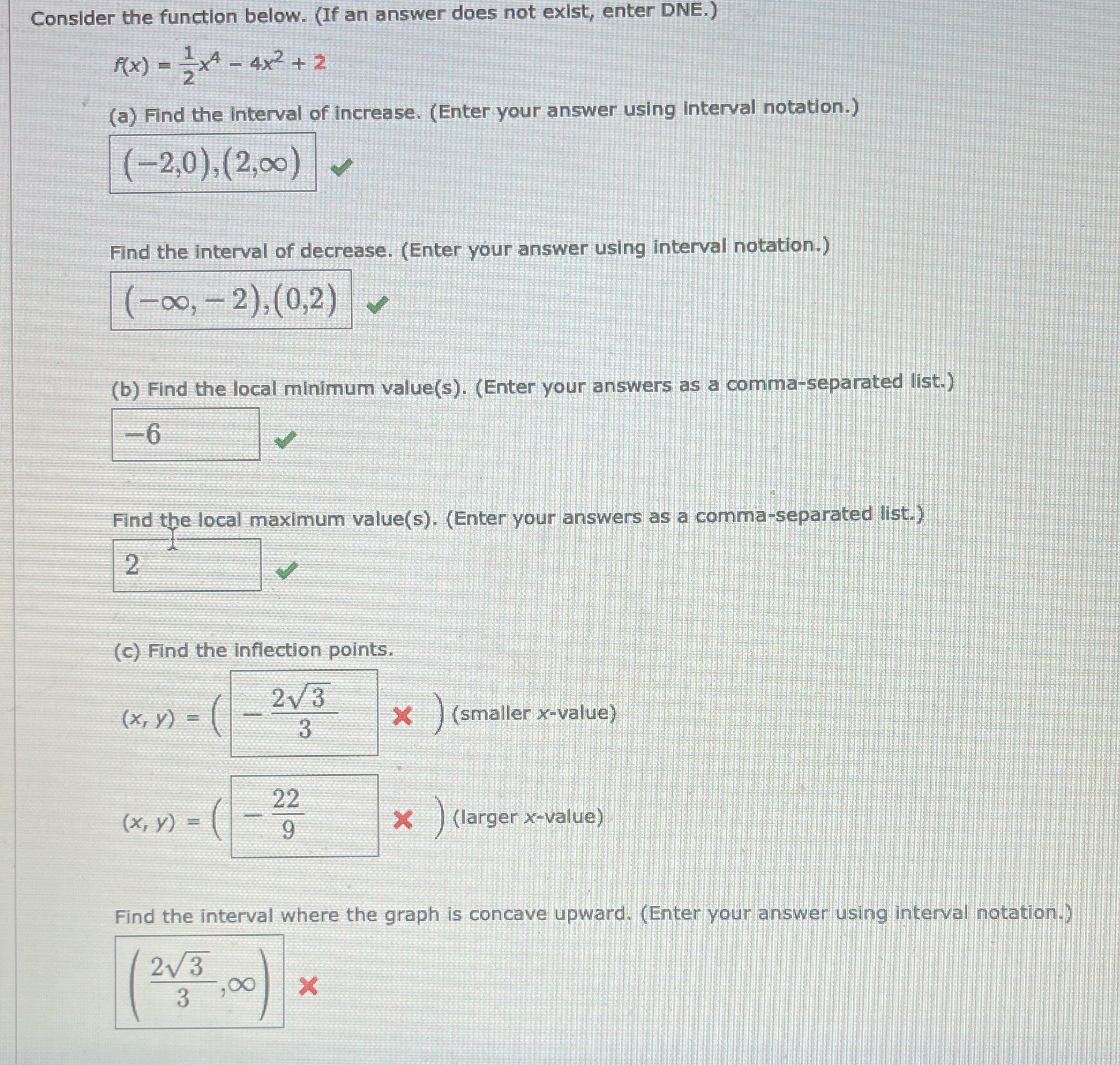 Please help with the ones i got wrong Consider the function below.