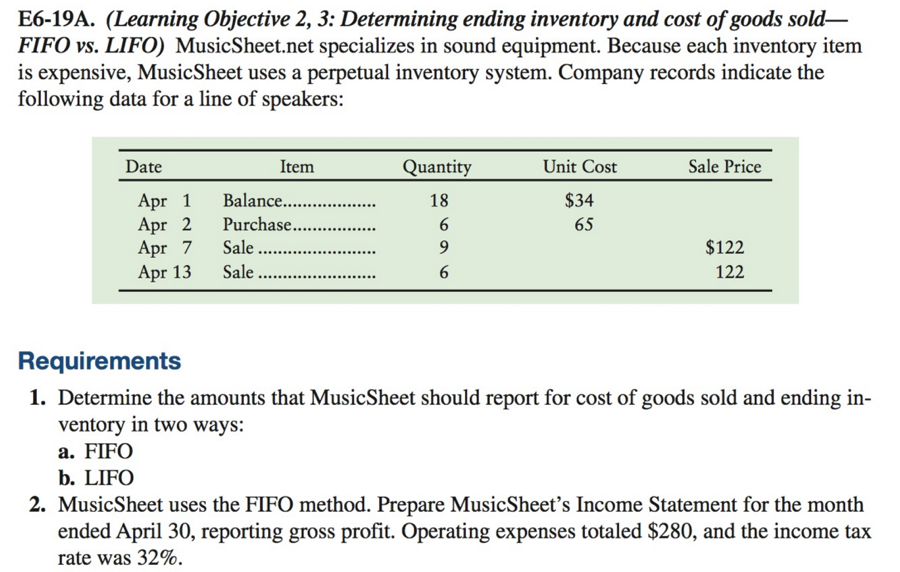  E6-19A. (Learning Objective 2, 3: Determining ending inventory and cost ofgoods
