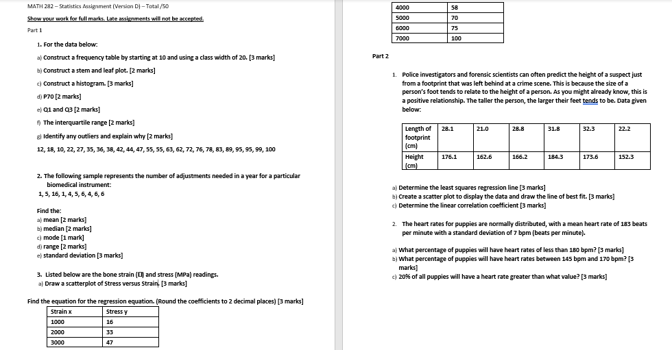  MATH 282 - Statistics Assignment (Version D) - Total /50 4000