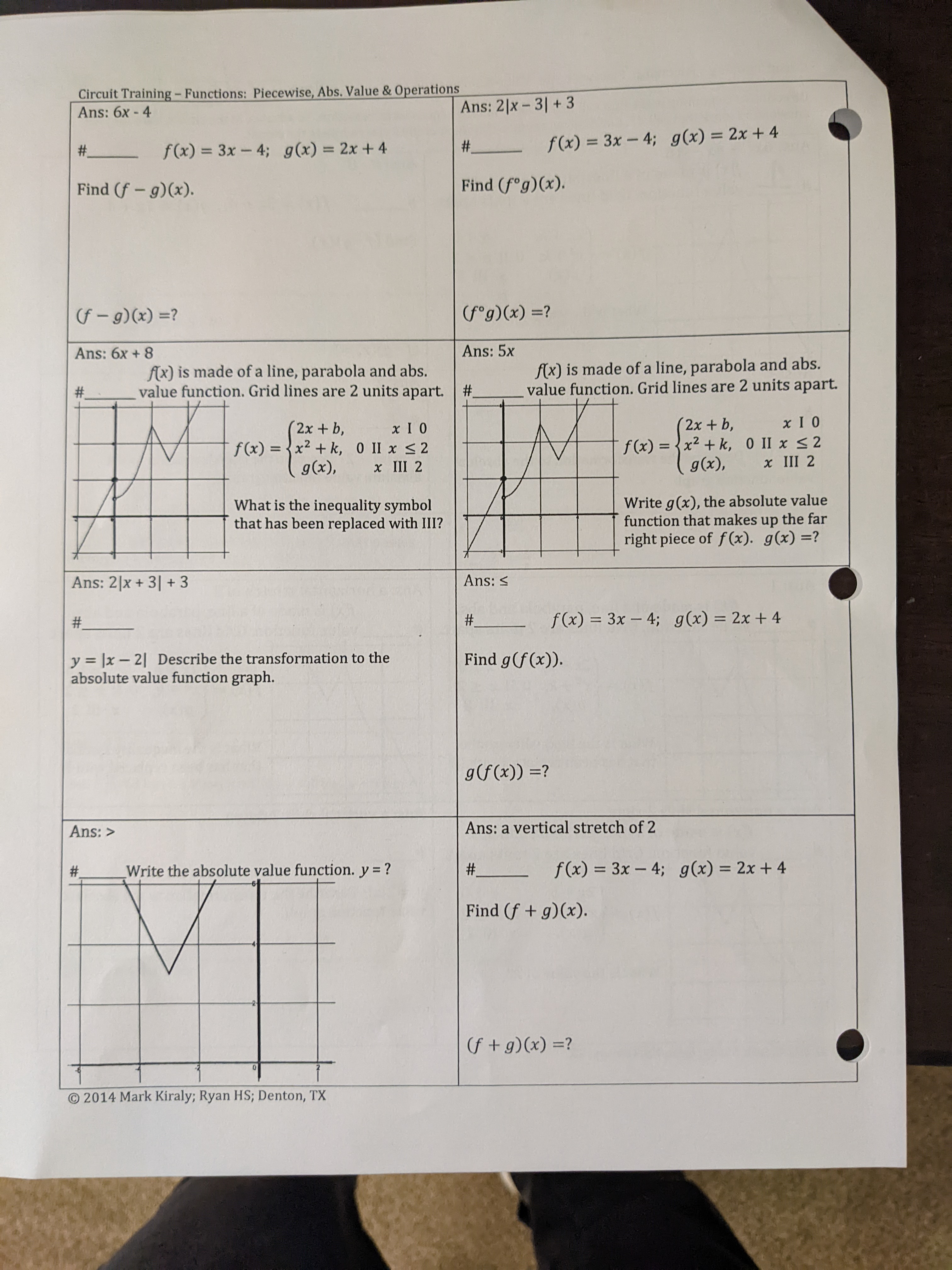  Circuit Training - Functions: Piecewise, Abs. Value & Operations Ans: 6x