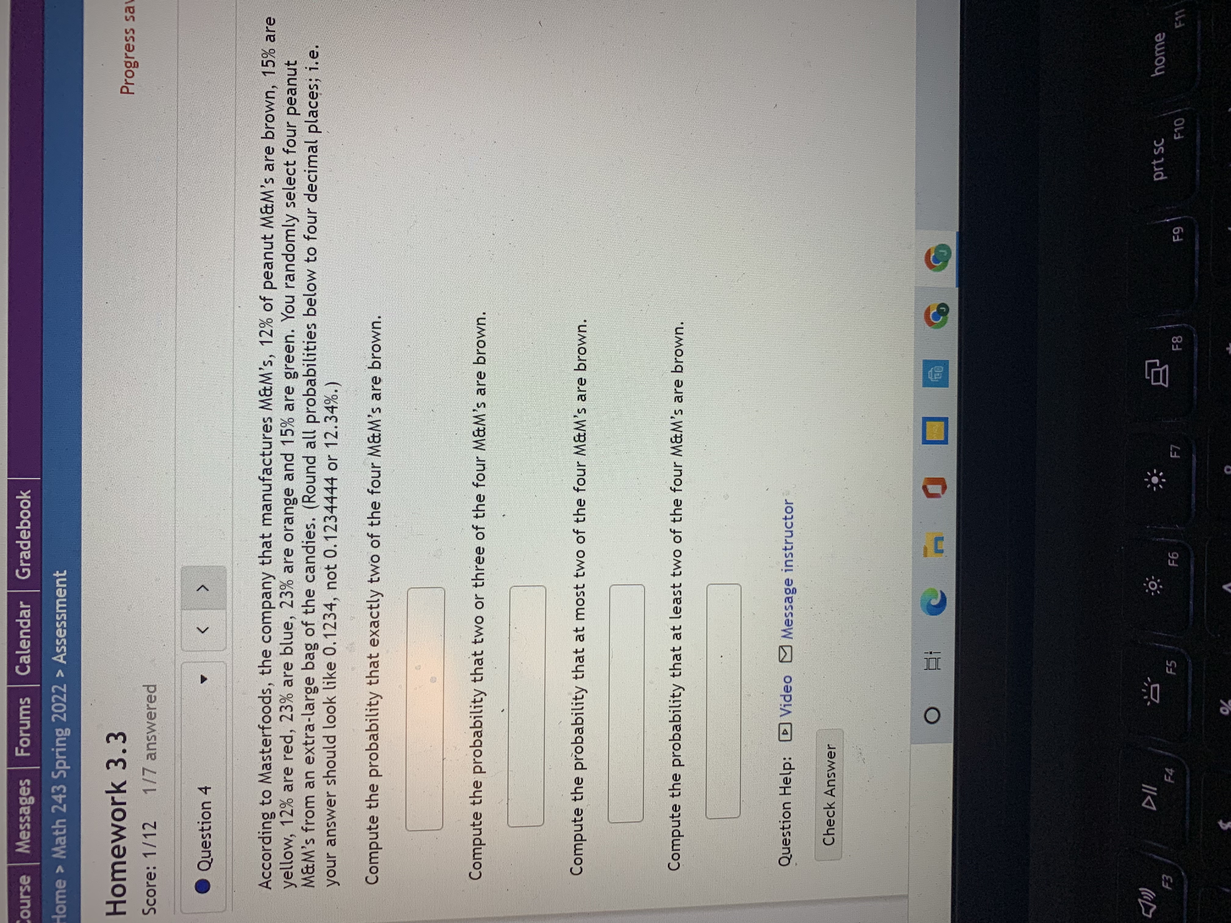 ourse Messages Forums Calendar Gradebook lome > Math 243 Spring 2022