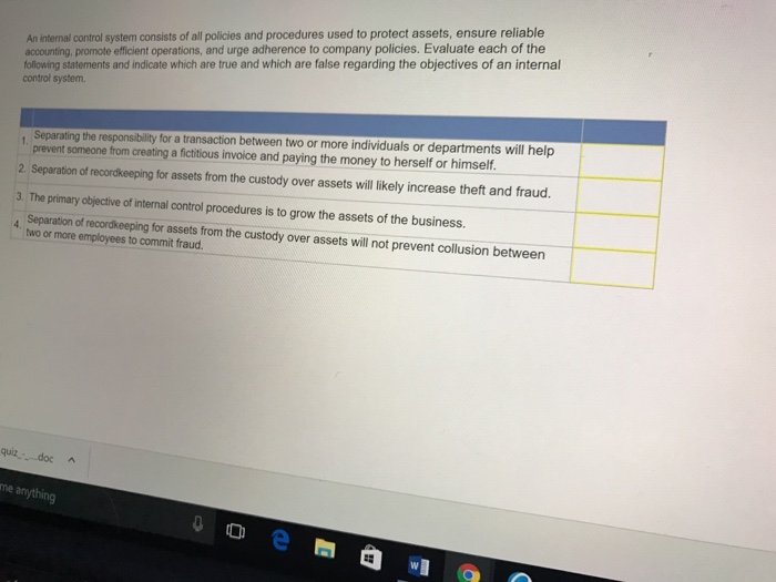 Looking for help with true or false questions about internal control in