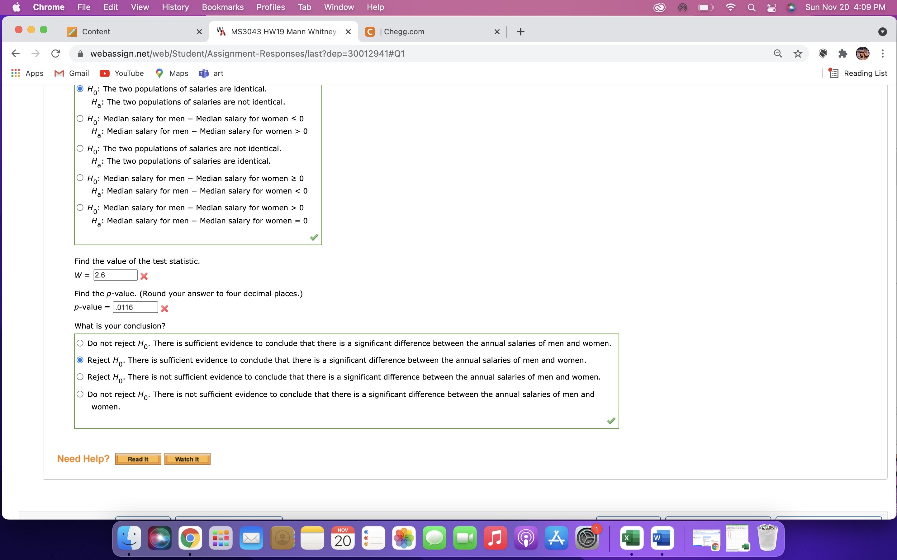 4:09PM Profiles a Content X \"A M83043 HW19 Mann Whitney X ICheggcom