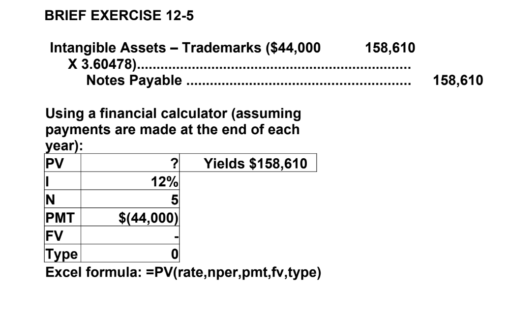 BRIEF EXERCISE 12-5 Intangible Assets - Trademarks ($44,000 X 3.60478).... Notes Payable