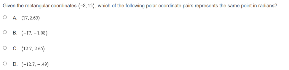 = (-3, 1) O B. (x,y) = ( V/3,-1) O C. (x,y)=