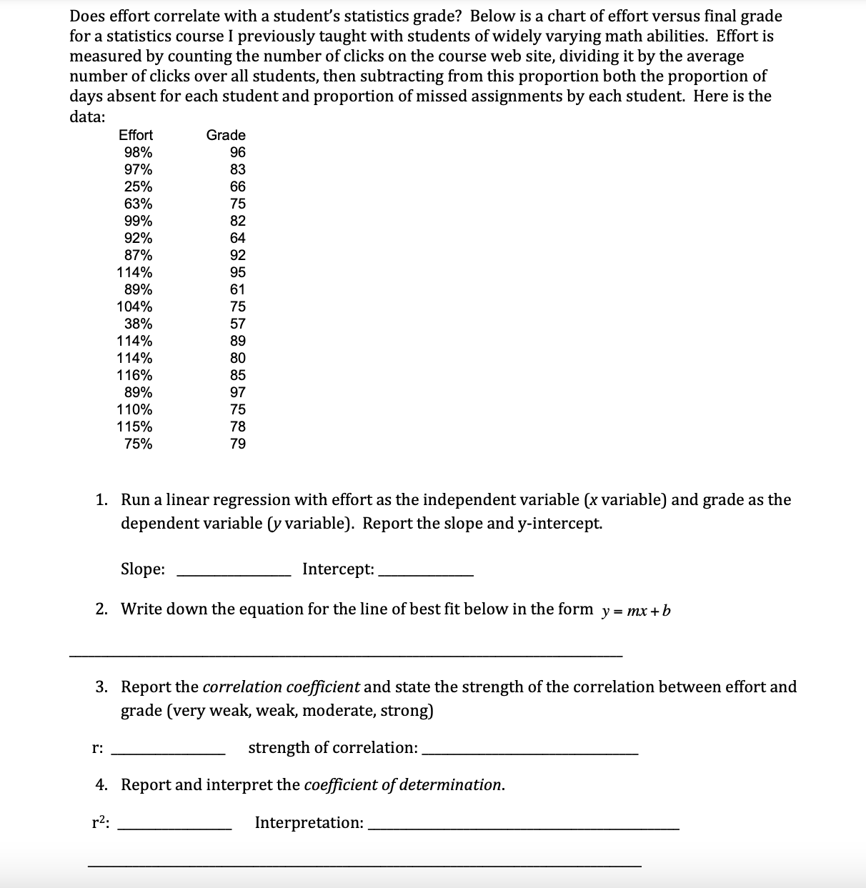  Does effort correlate with a student's statistics grade? Below is a