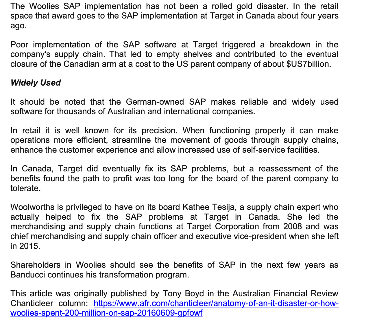 word limit - 600 words] Read the business case on Woolies' experience
