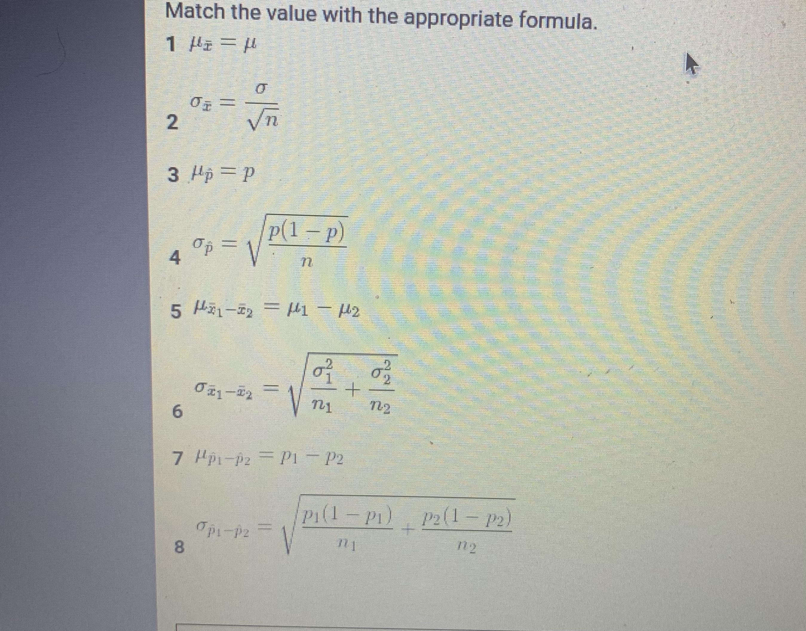 Match the value with the appropriate formula. 1 / = H
