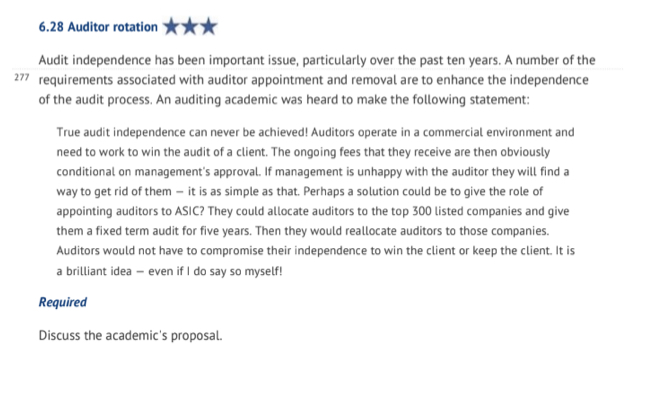 Provide the solution for the question below: 6.28 Auditor rotation Audit independence