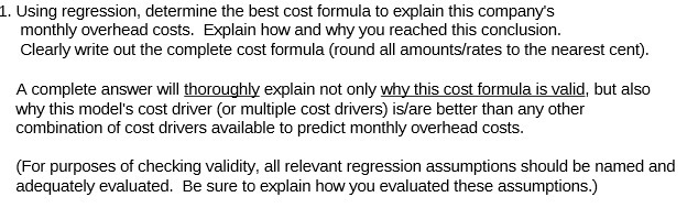 1. Using regression, determine the best cost formula to explain this