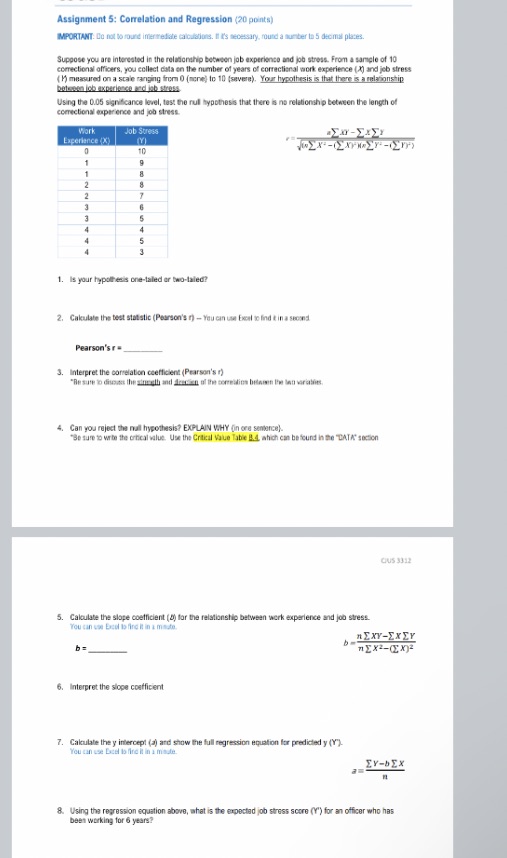  Assignment 5: Correlation and Regression (20 points) IMPORTANT: Do not to