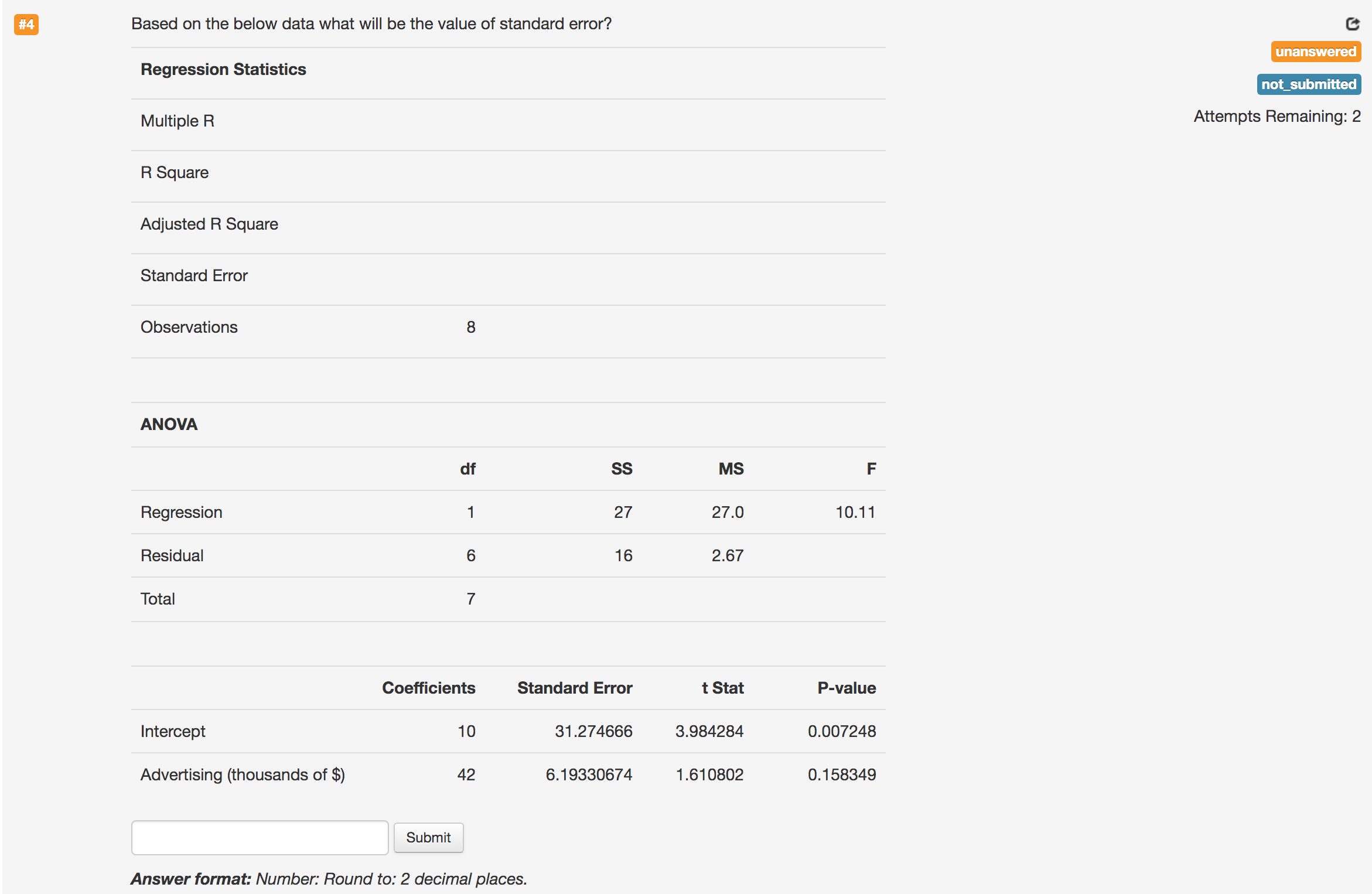 4 + 27X d) 4X + 27 Regression Statistics Multiple R R