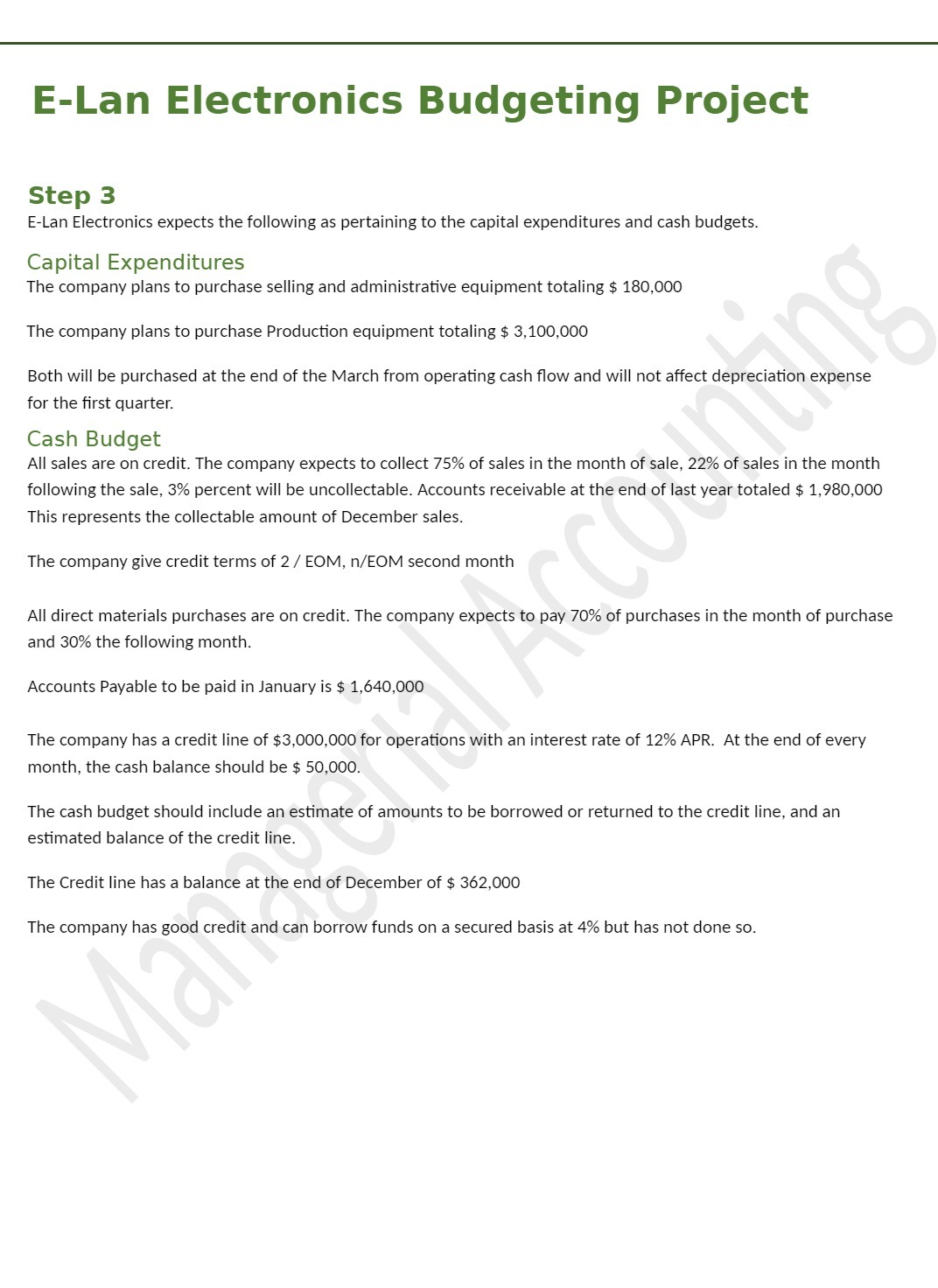  E-Lan Electronics Budgeting Project Step 3 ELan Electronics expects the following