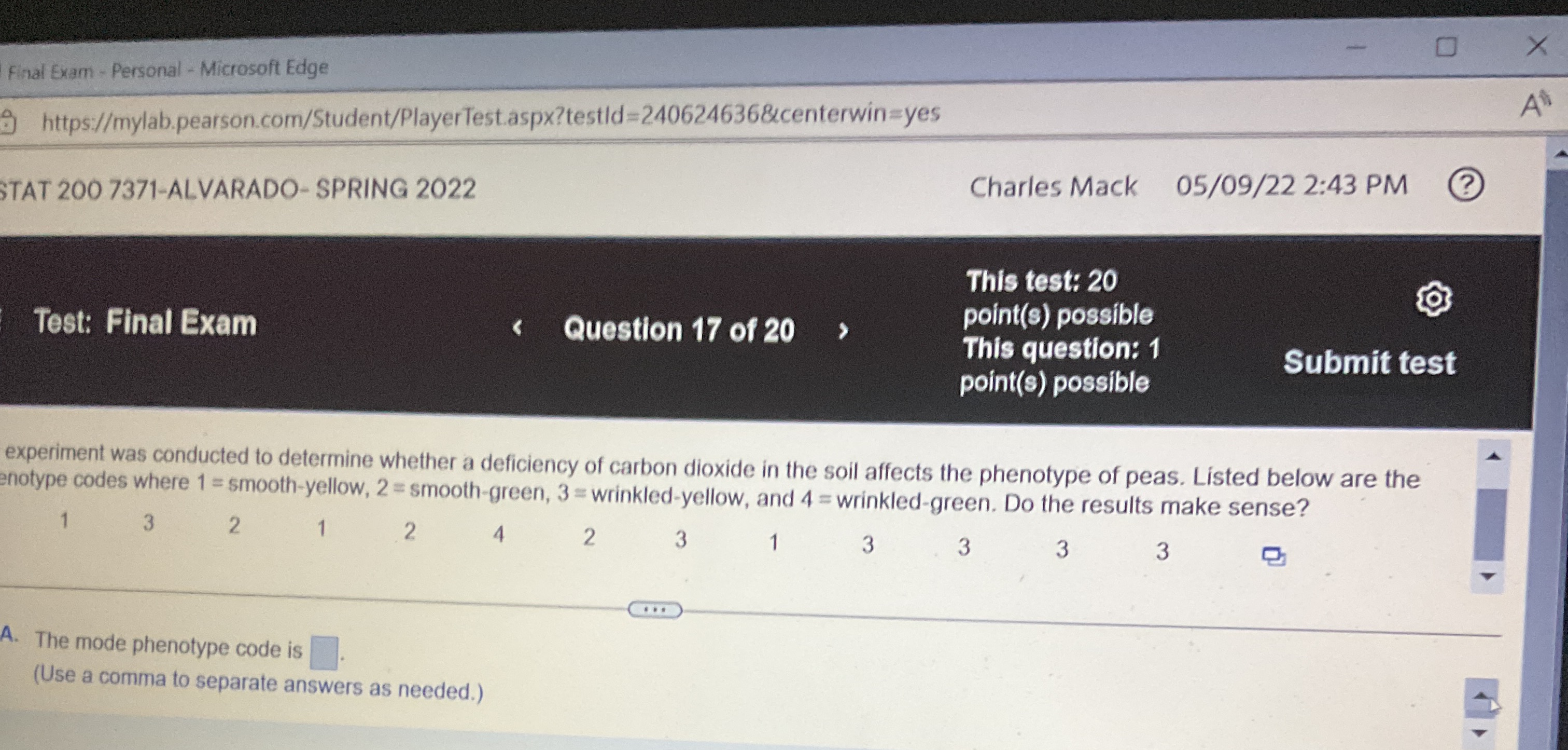  X Final Exam - Personal - Microsoft Edge https://mylab.pearson.com/Student/PlayerTest.aspx?testld=240624636&centerwin=yes A STAT