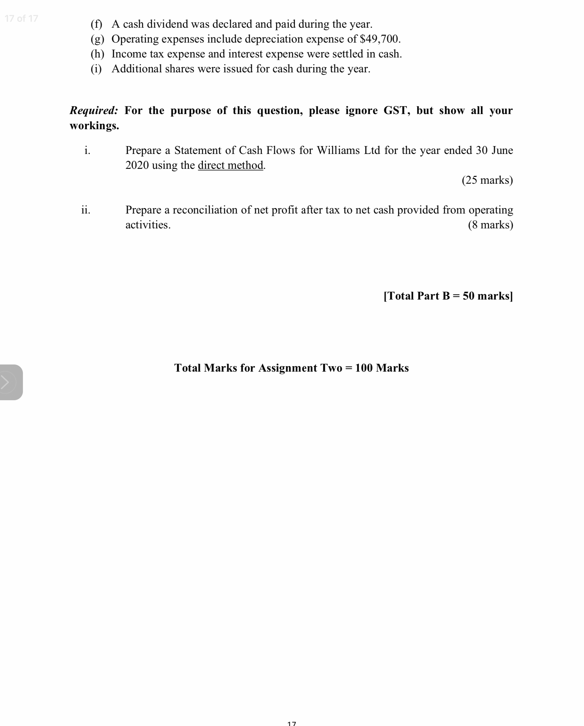 Part B - Question 2: Statement of Cash Flows [33 marks] Set