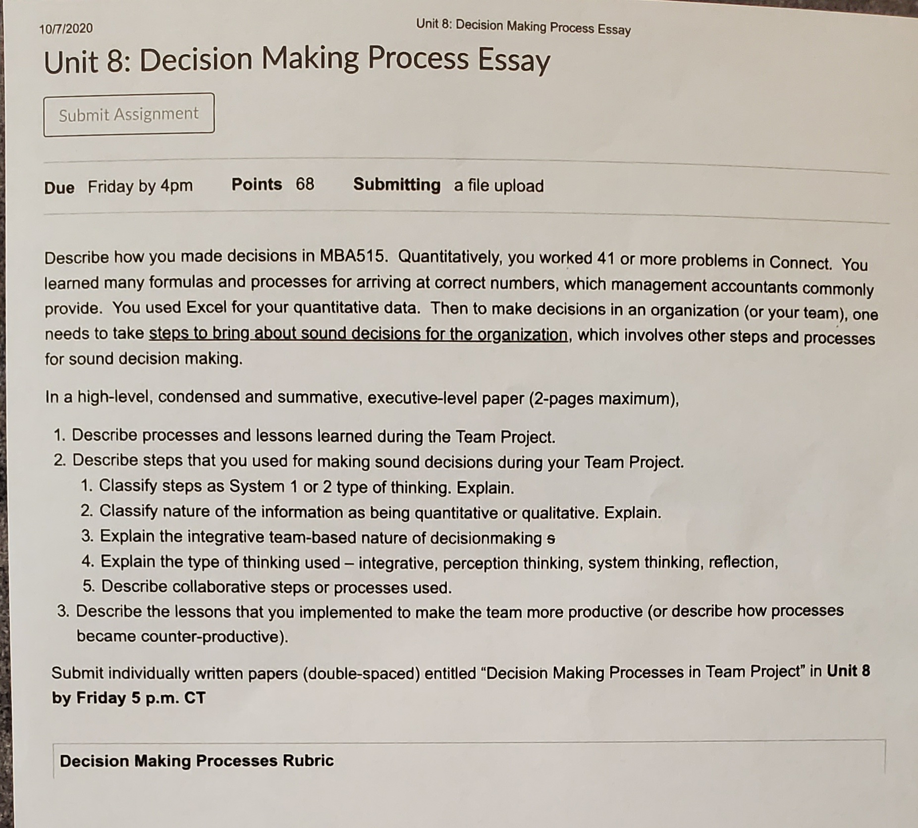 Hello - I need help with the required essay 10/7/2020 Unit 8: