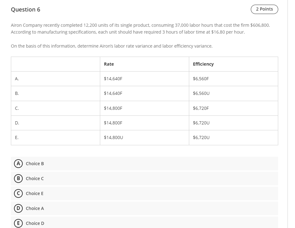 hours worked exceed standard hours allowed. A True B FalseQuestion 3 2