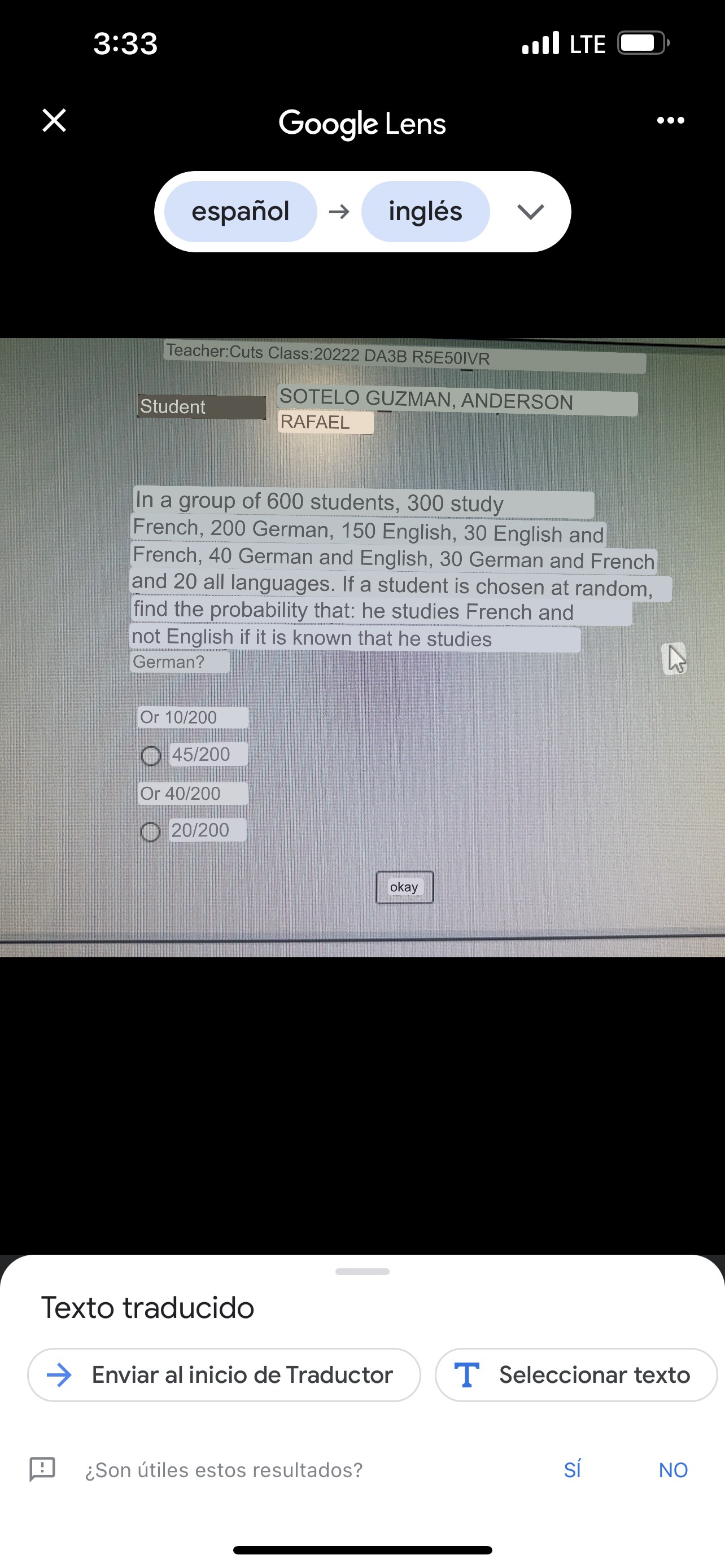 . . espanol ingles Student TIVITY, ANDERSON RAFAEL When rolling a die,