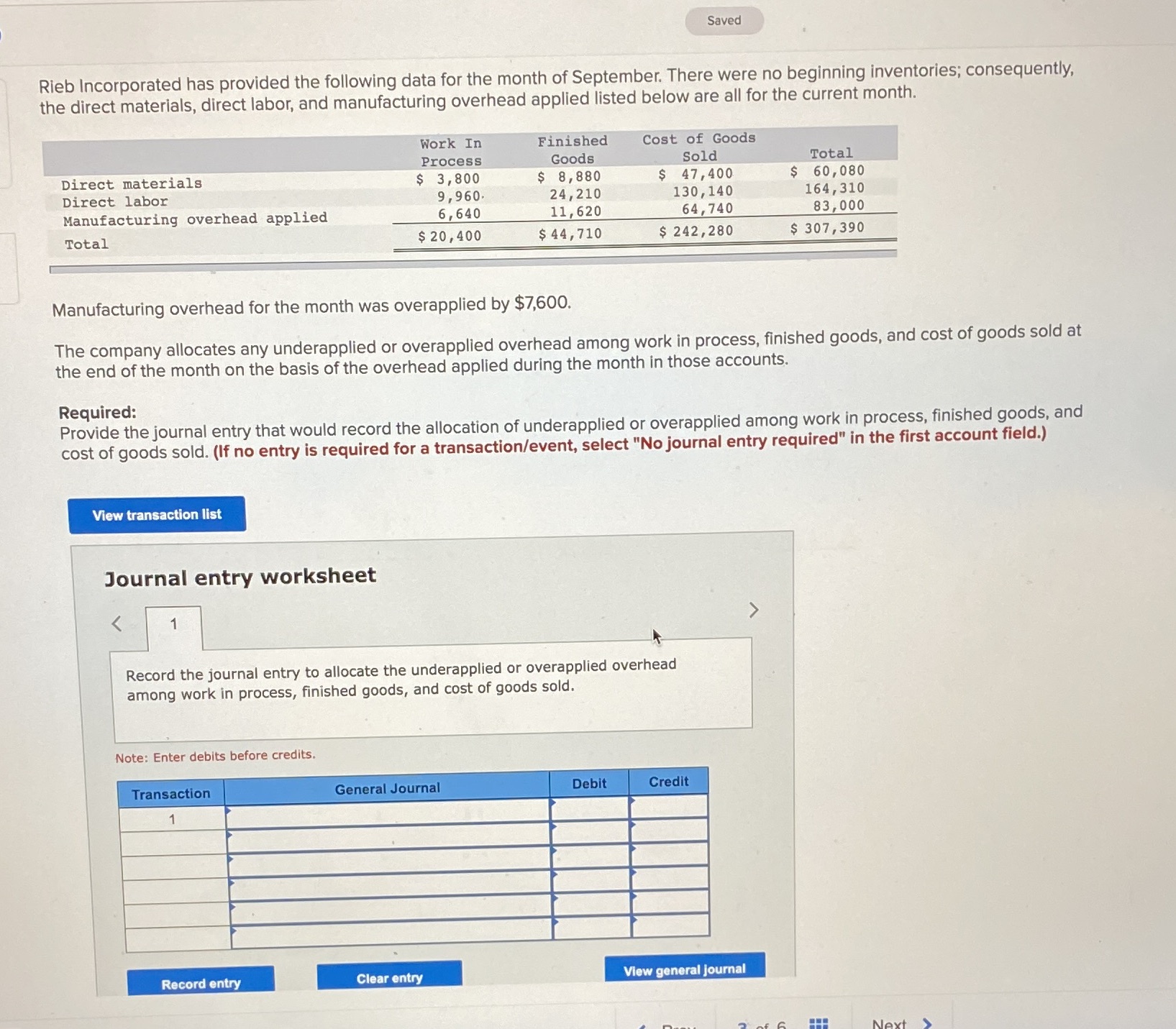  Saved Rieb Incorporated has provided the following data for the month