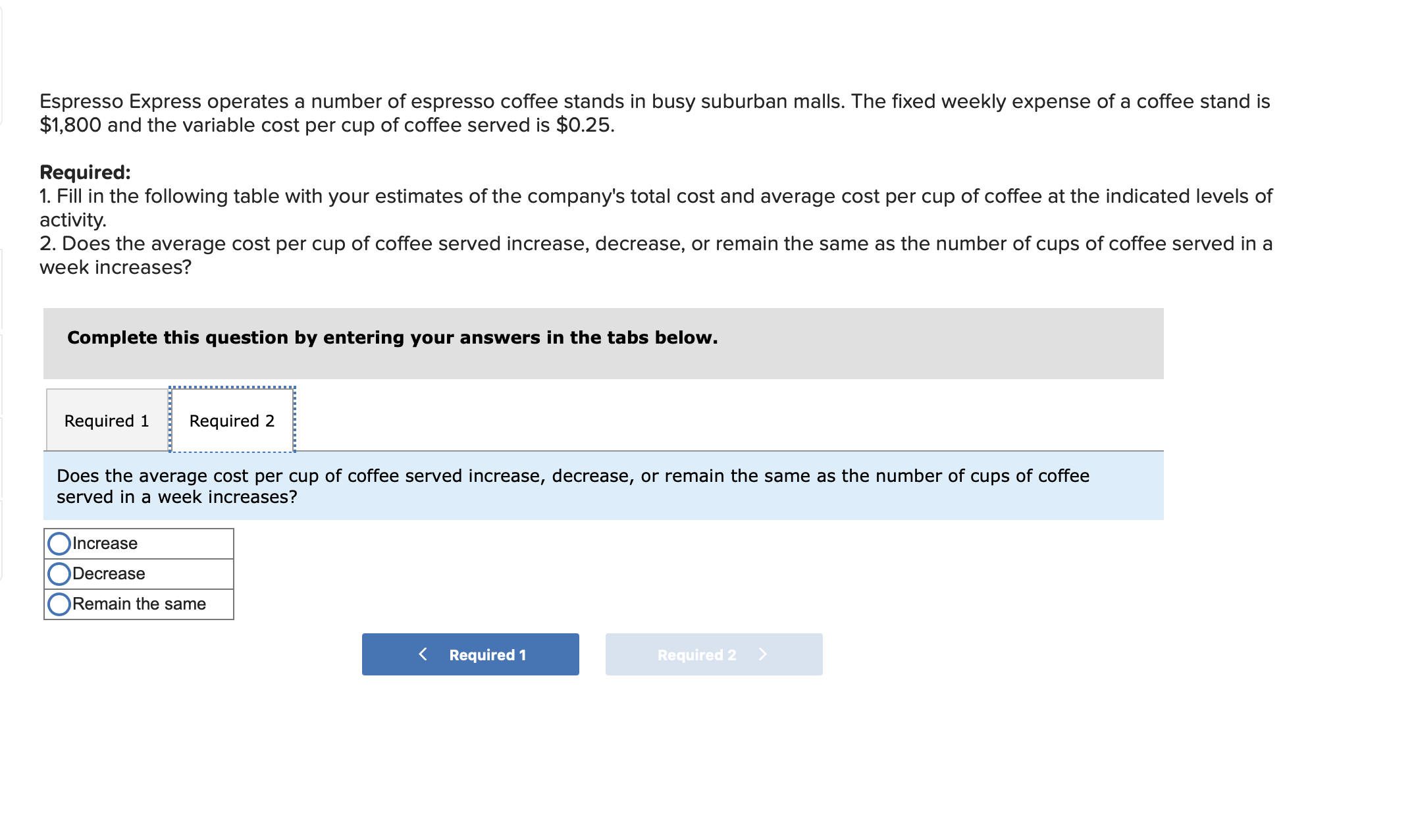 of espresso coffee stands in busy suburban malls. The fixed weekly expense